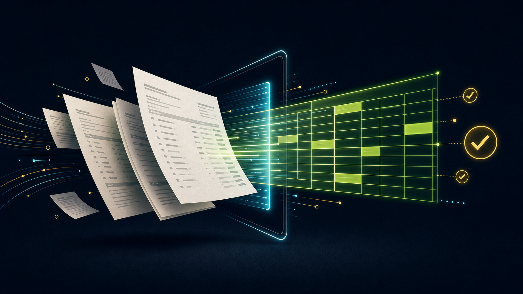 Ilustrasi rekening koran yang berubah menjadi grid Excel dengan garis pemindaian