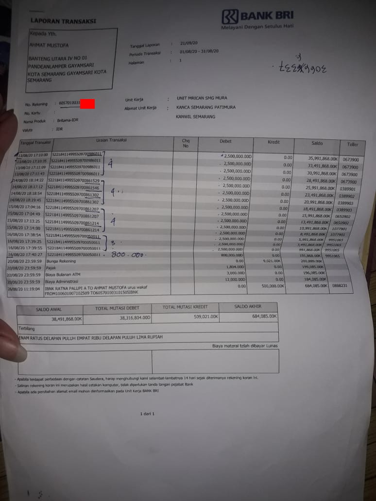Contoh rekening koran sebelum diproses
