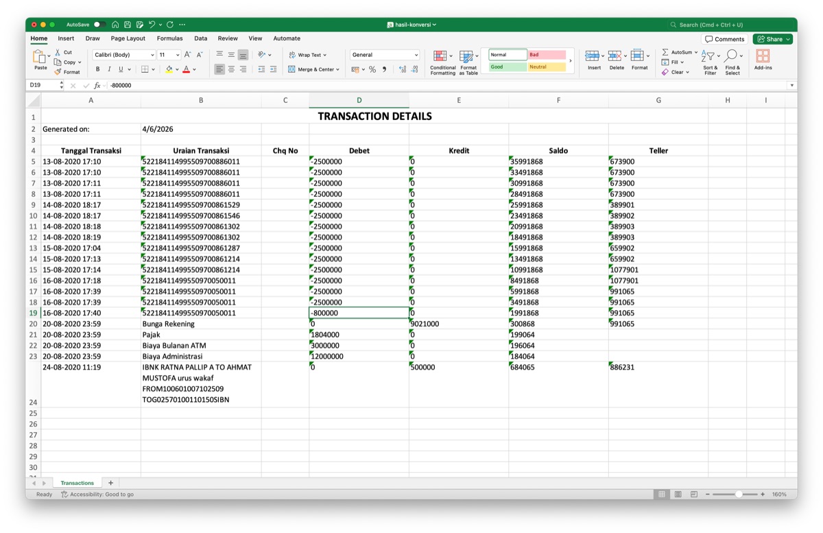 Contoh hasil konversi menjadi Excel