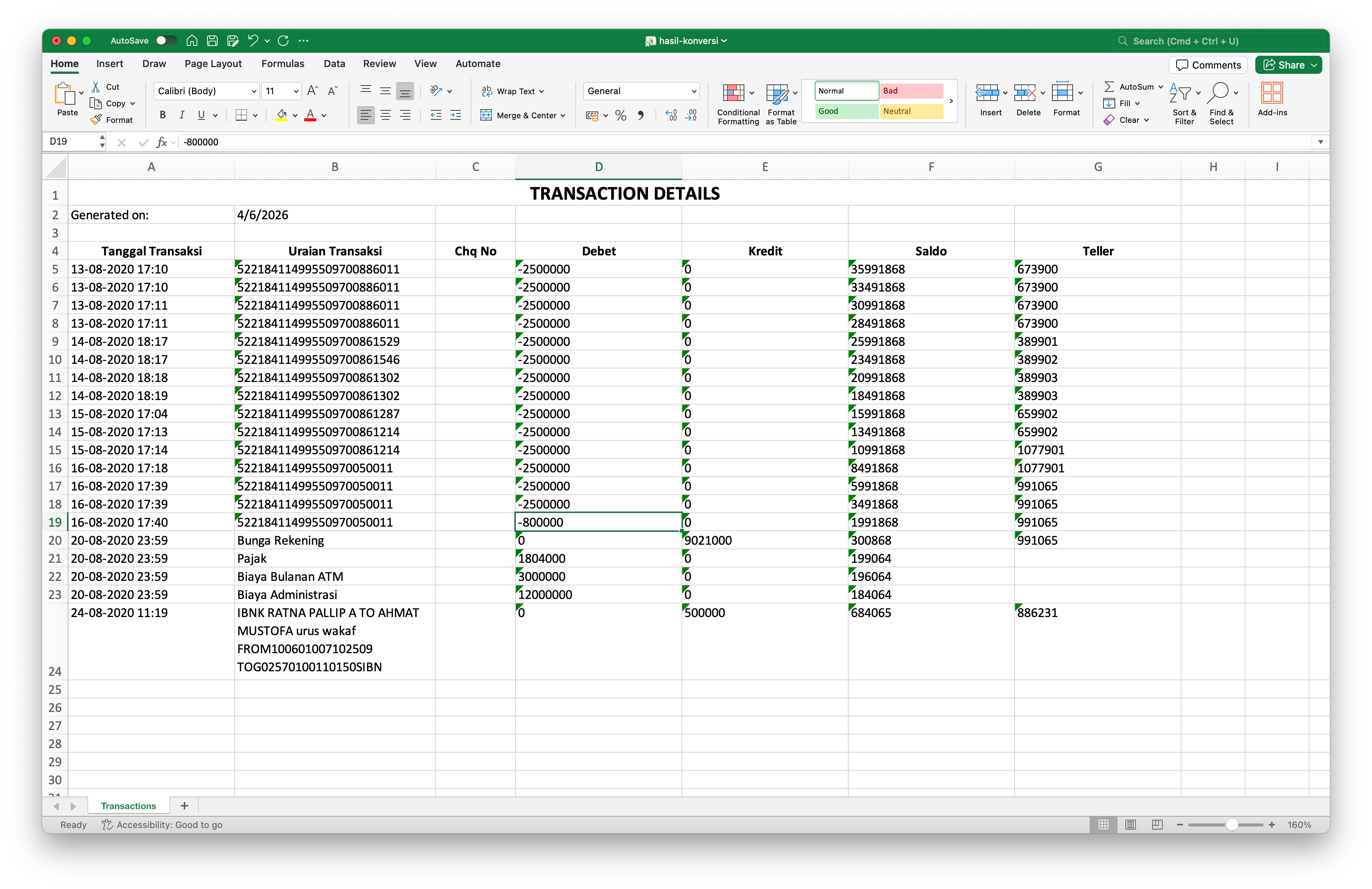 Contoh hasil konversi menjadi Excel